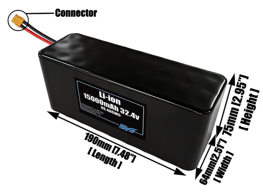 Size reference photo of the 15000mAh 32.4V lithium ion pack showing 190 mm by 64 mm by 75 mm dimensions ideal for drones or large robotic systems where space matters.