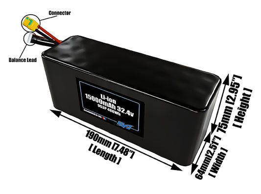 Size reference photo of the 15000mAh 32.4V lithium ion pack showing 190 mm by 64 mm by 75 mm dimensions ideal for drones or large robotic systems where space matters.