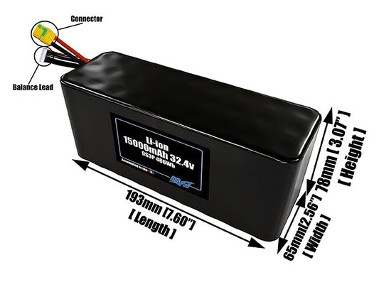 Size reference photo of the 15000mAh 32.4V lithium ion pack showing 193 mm by 65 mm by 78 mm dimensions ideal for drones or large robotic systems where space matters.