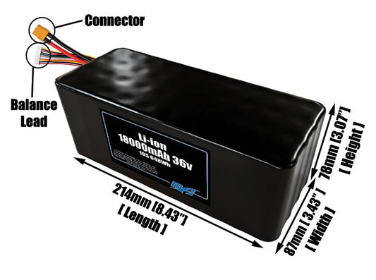 Size reference photo of the 18000mAh 36V lithium ion pack showing 214 mm by 87 mm by 78 mm dimensions ideal for drones or large robotic systems where space matters.