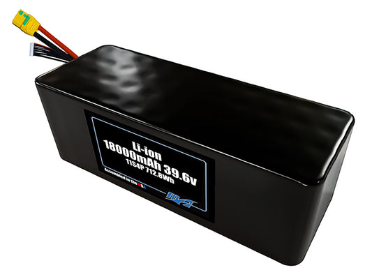 Compact 39.6-volt 18000mAh lithium-ion battery, built for lightweight drone, UAV, and robotics projects.