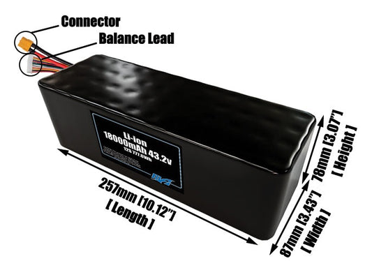Size reference photo of the 18000mAh 43.2V lithium ion pack showing 257 mm by 87 mm by 78 mm dimensions ideal for drones or large robotic systems where space matters.