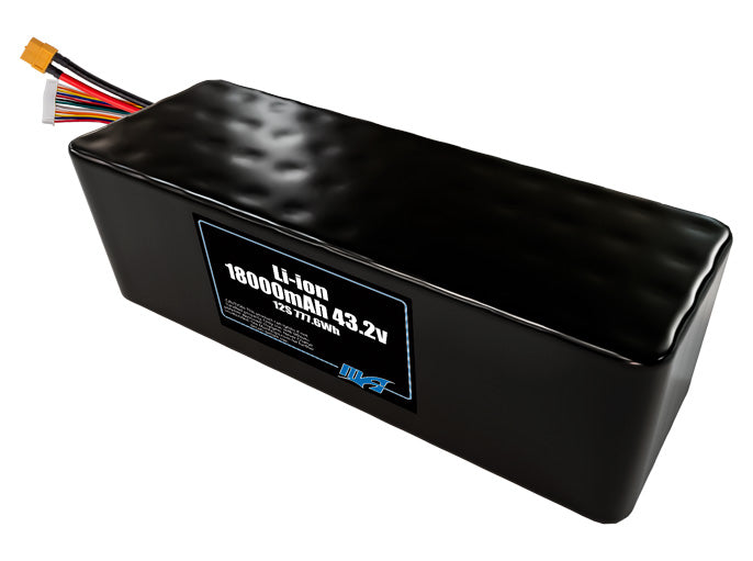 Compact 43.2-volt 18000mAh lithium-ion battery, built for lightweight drone, UAV, and robotics projects.