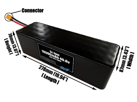 Size reference photo of the 18000mAh 46.8V Li-ion pack showing 278 mm by 87 mm by 78 mm dimensions ideal for drones or small robotic systems where space matters.