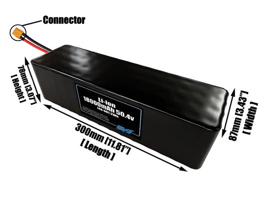 Size reference photo of the 18000mAh 50.4V lithium ion pack showing 300 mm by 87 mm by 78 mm dimensions ideal for drones or large robotic systems where space matters.