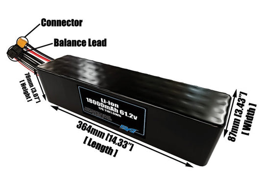 Size reference photo of the 18000mAh 61.2V lithium ion pack showing 364 mm by 87 mm by 78 mm dimensions ideal for drones or large robotic systems where space matters.