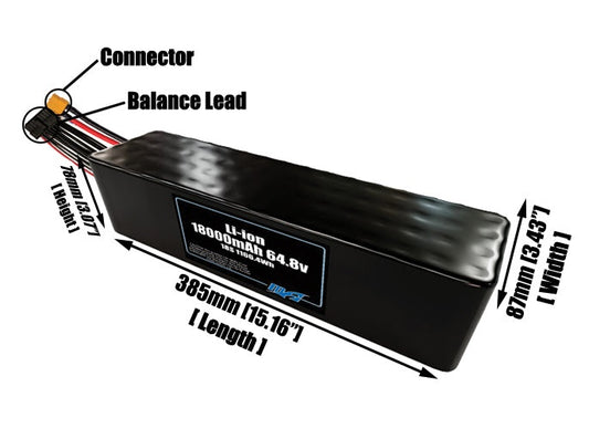 Size reference photo of the 18000mAh 64.8V lithium ion pack showing 385 mm by 87 mm by 78 mm dimensions ideal for drones or large robotic systems where space matters.