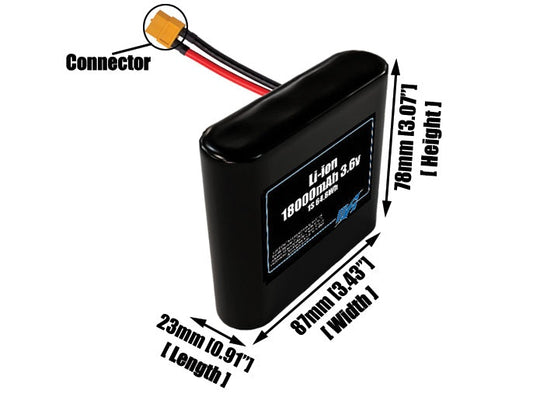 Size reference photo of the 18000mAh 3.6V lithium ion pack showing 23 mm by 87 mm by 78 mm dimensions ideal for drones or large robotic systems where space matters.