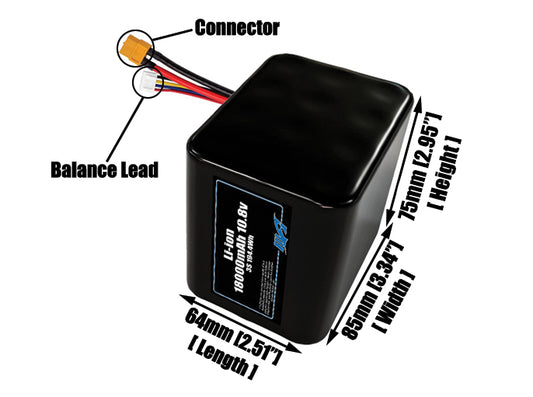 Size reference photo of the 18000mAh 10.8V lithium ion pack showing 64 mm by 85 mm by 75 mm dimensions ideal for drones or large robotic systems where space matters.