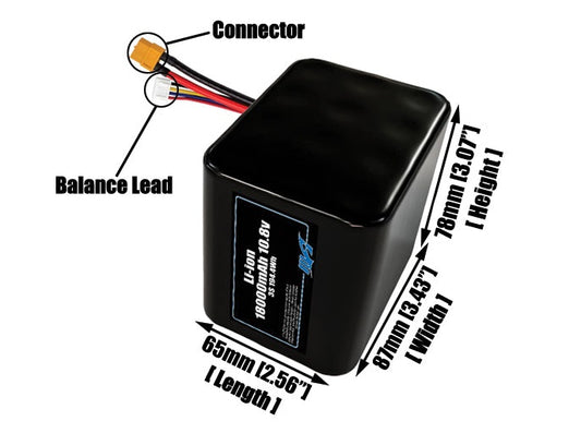 Size reference photo of the 18000mAh 10.8V lithium ion pack showing 65 mm by 87 mm by 78 mm dimensions ideal for drones or large robotic systems where space matters.