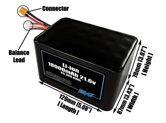 Size reference photo of the 18000mAh 21.6V lithium ion pack showing 129 mm by 87 mm by 78 mm dimensions ideal for drones or large robotic systems where space matters.