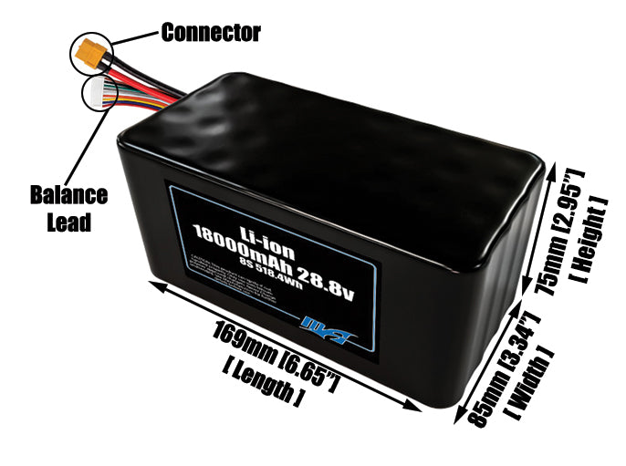 Size reference photo of the 18000mAh 28.8V lithium ion pack showing 169 mm by 85 mm by 75 mm dimensions ideal for drones or large robotic systems where space matters.