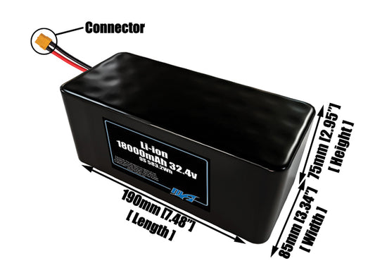 Size reference photo of the 18000mAh 32.4V lithium ion pack showing 190 mm by 85 mm by 75 mm dimensions ideal for drones or large robotic systems where space matters.