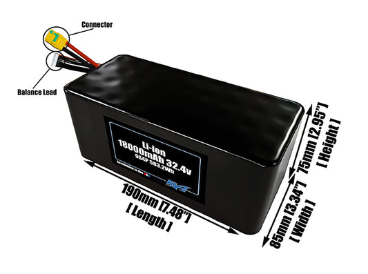 Size reference photo of the 18000mAh 32.4V lithium ion pack showing 190 mm by 85 mm by 75 mm dimensions ideal for drones or large robotic systems where space matters.