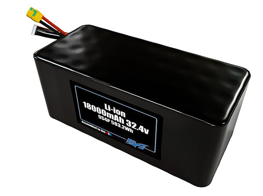 Compact 32.4-volt 18000mAh lithium-ion battery, built for lightweight drone, UAV, and robotics projects.
