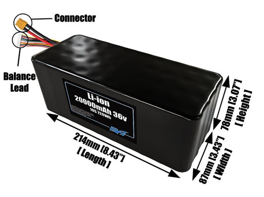 Size reference photo of the 20000mAh 36V lithium ion pack showing 214 mm by 87 mm by 78 mm dimensions ideal for drones or large robotic systems where space matters.