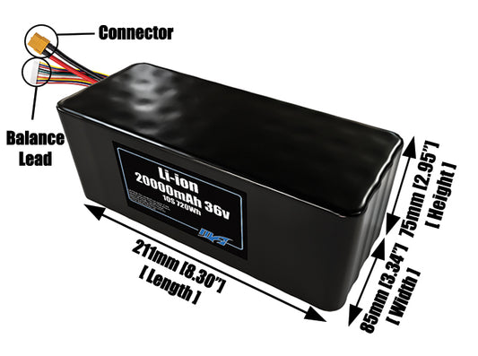 Size reference photo of the 20000mAh 36V lithium ion pack showing 211 mm by 85 mm by 75 mm dimensions ideal for drones or large robotic systems where space matters.