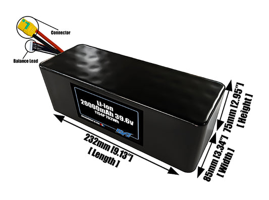 Size reference photo of the 20000mAh 39.6V lithium ion pack showing 232 mm by 85 mm by 75 mm dimensions ideal for drones or large robotic systems where space matters.
