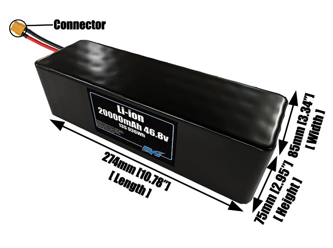 Size reference photo of the 20000mAh 46.8V lithium ion pack showing 274 mm by 85 mm by 75 mm dimensions ideal for drones or large robotic systems where space matters.