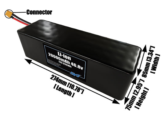 Size reference photo of the 20000mAh 46.8V lithium ion pack showing 274 mm by 85 mm by 75 mm dimensions ideal for drones or large robotic systems where space matters.