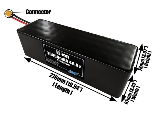 Size reference photo of the 20000mAh 46.8V lithium ion pack showing 278 mm by 87 mm by 78 mm dimensions ideal for drones or large robotic systems where space matters.