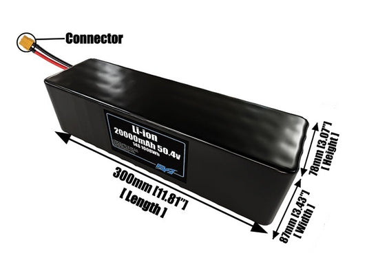 Size reference photo of the 20000mAh 50.4V lithium ion pack showing 300 mm by 87 mm by 78 mm dimensions ideal for drones or large robotic systems where space matters.