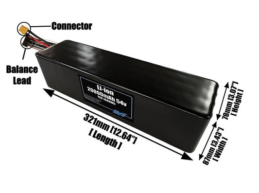 Size reference photo of the 20000mAh 54V lithium ion pack showing 321 mm by 87 mm by 78 mm dimensions ideal for drones or large robotic systems where space matters.