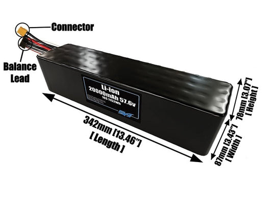 Size reference photo of the 20000mAh 57.6V lithium ion pack showing 342 mm by 87 mm by 78 mm dimensions ideal for drones or large robotic systems where space matters.