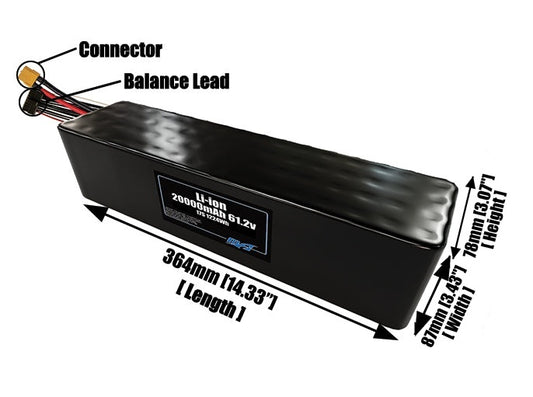 Size reference photo of the 20000mAh 61.2V lithium ion pack showing 364 mm by 87 mm by 78 mm dimensions ideal for drones or large robotic systems where space matters.