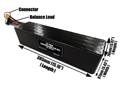 Size reference photo of the 20000mAh 64.8V lithium ion pack showing 385 mm by 87 mm by 78 mm dimensions ideal for drones or large robotic systems where space matters.