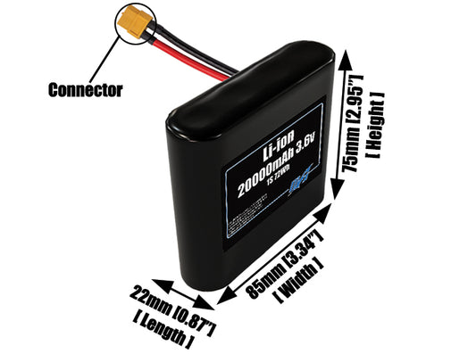 Size reference photo of the 20000mAh 3.6V lithium ion pack showing 22 mm by 85 mm by 75 mm dimensions ideal for drones or large robotic systems where space matters.