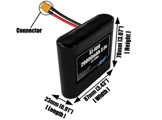 Size reference photo of the 20000mAh 3.6V lithium ion pack showing 23 mm by 87 mm by 78 mm dimensions ideal for drones or large robotic systems where space matters.