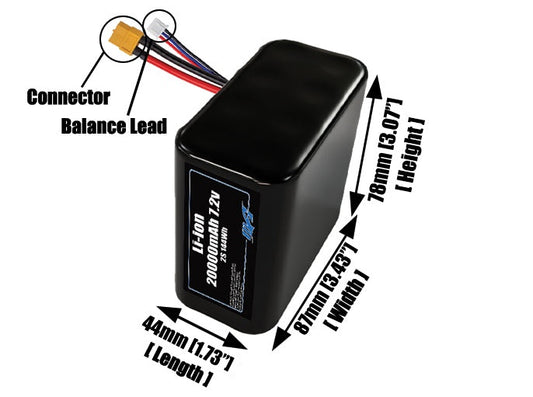 Size reference photo of the 20000mAh 7.2V lithium ion pack showing 44 mm by 87 mm by 78 mm dimensions ideal for drones or large robotic systems where space matters.