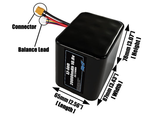 Size reference photo of the 20000mAh 10.8V lithium ion pack showing 65 mm by 87 mm by 78 mm dimensions ideal for drones or large robotic systems where space matters.