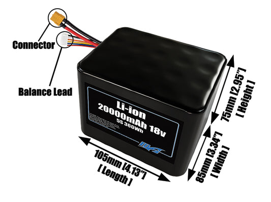 Size reference photo of the 20000mAh 18V lithium ion pack showing 105 mm by 85 mm by 75 mm dimensions ideal for drones or large robotic systems where space matters.