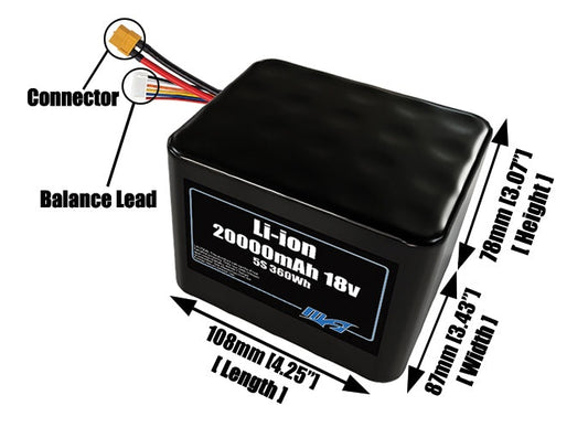 Size reference photo of the 20000mAh 18V lithium ion pack showing 108 mm by 87 mm by 78 mm dimensions ideal for drones or large robotic systems where space matters.