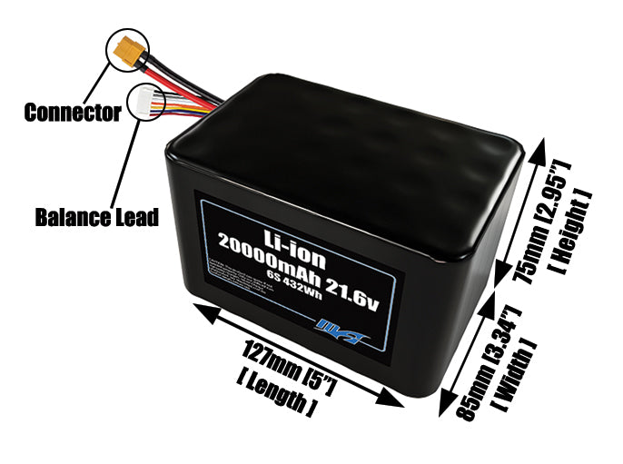 Size reference photo of the 20000mAh 21.6V lithium ion pack showing 127 mm by 85 mm by 75 mm dimensions ideal for drones or large robotic systems where space matters.