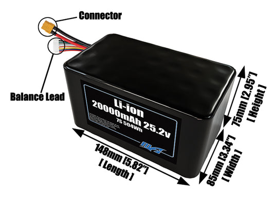Size reference photo of the 20000mAh 25.2V lithium ion pack showing 148 mm by 85 mm by 75 mm dimensions ideal for drones or large robotic systems where space matters.