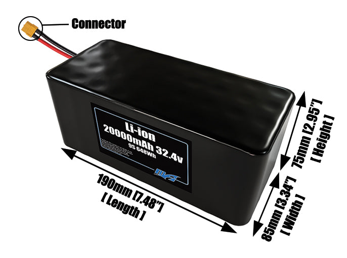 Size reference photo of the 20000mAh 32.4V lithium ion pack showing 190 mm by 85 mm by 75 mm dimensions ideal for drones or large robotic systems where space matters.