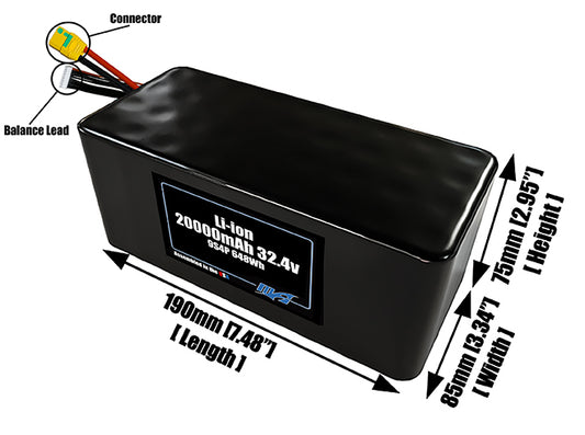 Size reference photo of the 20000mAh 32.4V lithium ion pack showing 190 mm by 85 mm by 75 mm dimensions ideal for drones or large robotic systems where space matters.