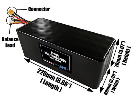 Size reference photo of the 24000mAh 36V lithium ion pack showing 220 mm by 88 mm by 78 mm dimensions ideal for drones or large robotic systems where space matters.