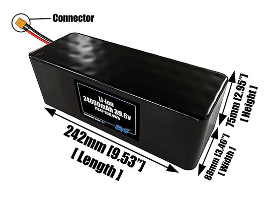 Size reference photo of the 24000mAh 39.6V lithium ion pack showing 242 mm by 88 mm by 75 mm dimensions ideal for drones or large robotic systems where space matters.