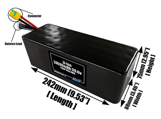 Size reference photo of the 24000mAh 39.6V lithium ion pack showing 242 mm by 88 mm by 75 mm dimensions ideal for drones or large robotic systems where space matters.
