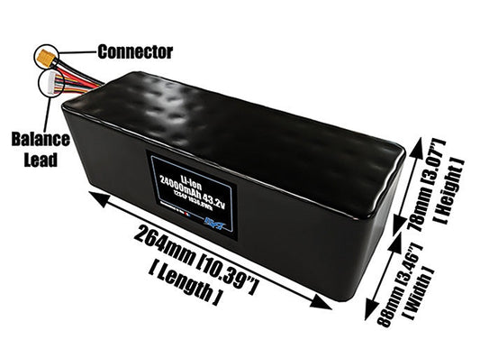 Size reference photo of the 24000mAh 43.2V lithium ion pack showing 264 mm by 88 mm by 78 mm dimensions ideal for drones or large robotic systems where space matters.