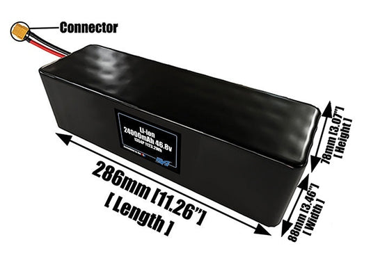 Size reference photo of the 24000mAh 46.8V lithium ion pack showing 286 mm by 88 mm by 78 mm dimensions ideal for drones or large robotic systems where space matters.