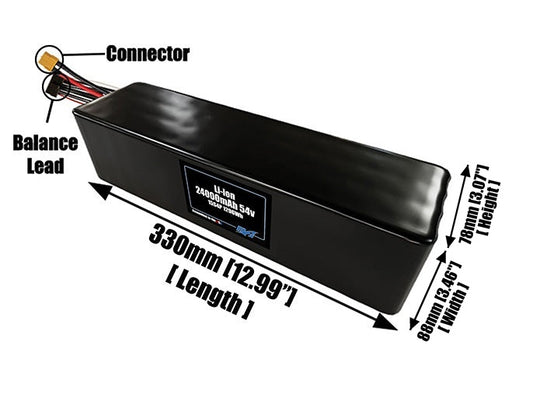 Size reference photo of the 24000mAh 54V lithium ion pack showing 330 mm by 88 mm by 78 mm dimensions ideal for drones or large robotic systems where space matters.