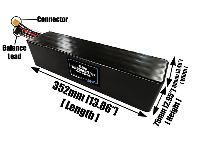 Size reference photo of the 24000mAh 57.6V lithium ion pack showing 352 mm by 88 mm by 75 mm dimensions ideal for drones or large robotic systems where space matters.