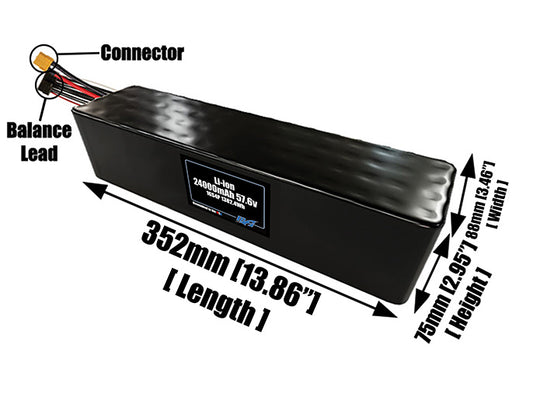 Size reference photo of the 24000mAh 57.6V lithium ion pack showing 352 mm by 88 mm by 75 mm dimensions ideal for drones or large robotic systems where space matters.