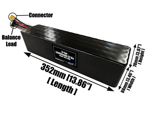 Size reference photo of the 24000mAh 57.6V lithium ion pack showing 352 mm by 88 mm by 78 mm dimensions ideal for drones or large robotic systems where space matters.