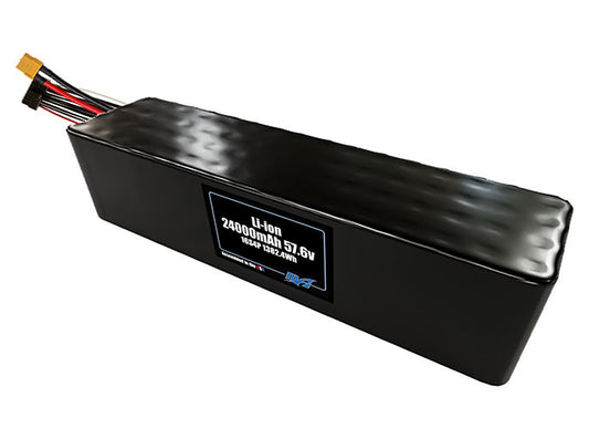 Compact 57.6-volt 24000mAh lithium-ion battery, built for lightweight drone, UAV, and robotics projects.
